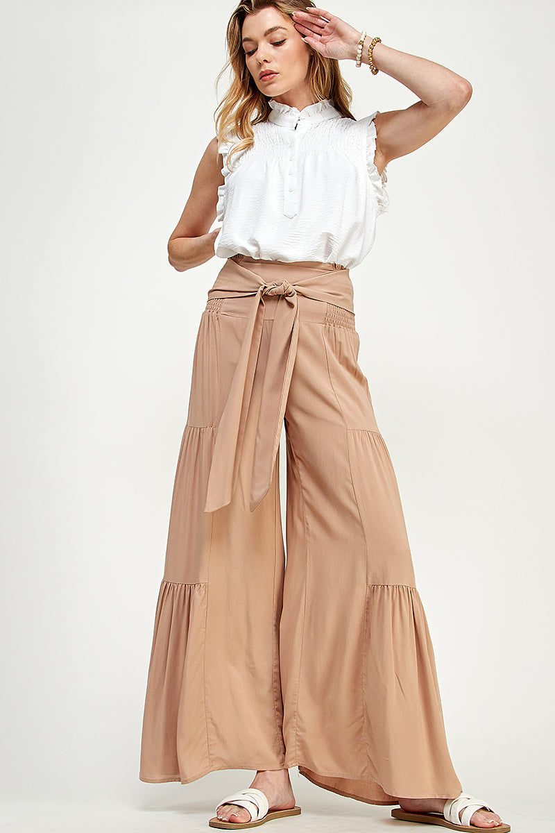 SB0217-WOVEN SMOCKING WAIST W/SELF TIE ROPE LONG PANTS