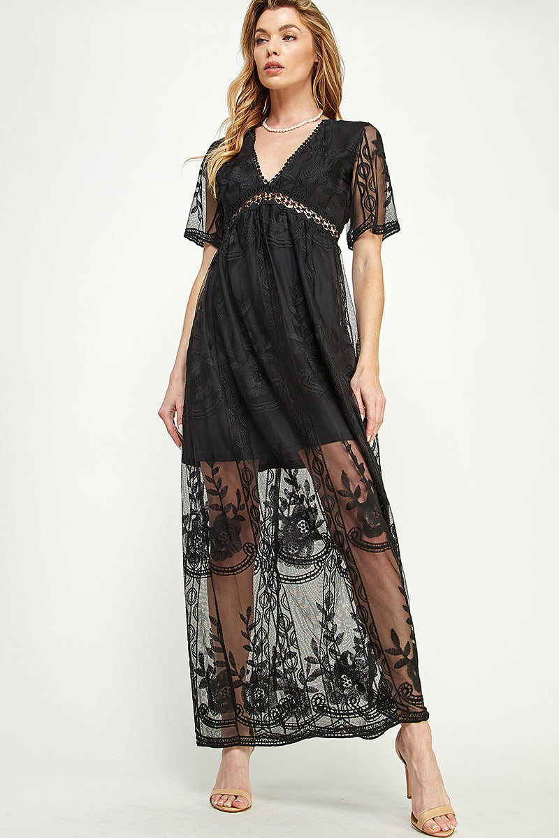 SD0204 Lace Short Sleeve V Neck Maxi Dress | Burzip Inc #SD0204