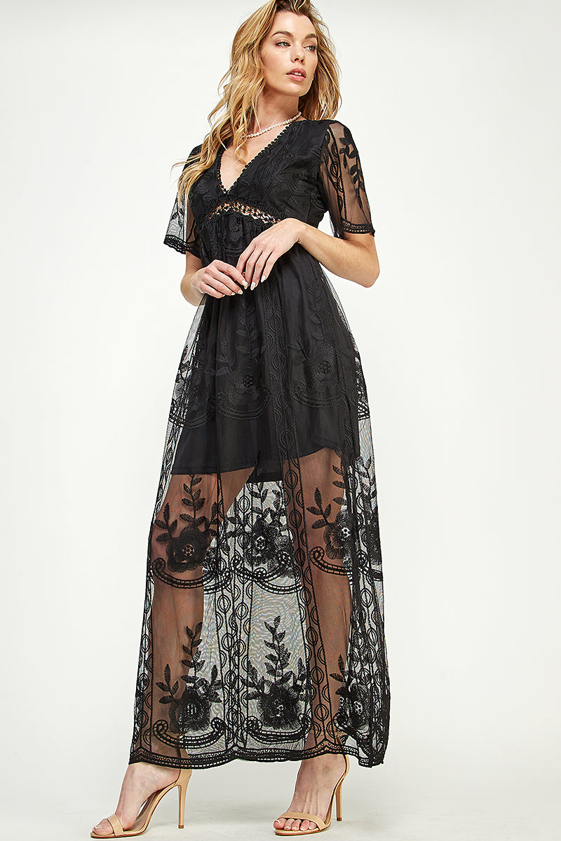 SD0204-LACE SHORT SLEEVE V-NECK MAXI DRESS