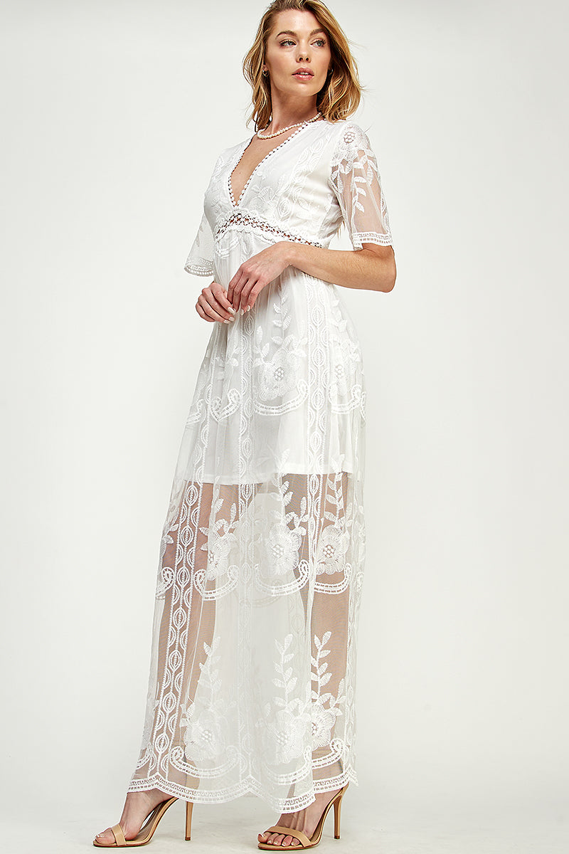 SD0204 Lace Short Sleeve V Neck Maxi Dress | Burzip Inc #SD0204
