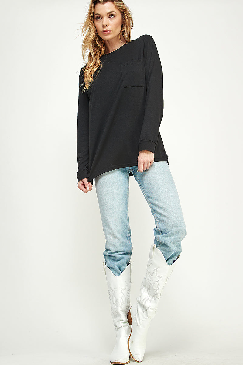 ST0189-LONG SLEEVE ROUND NECK WITH POCKET SIDE SPLIT TUNIC TOPS
