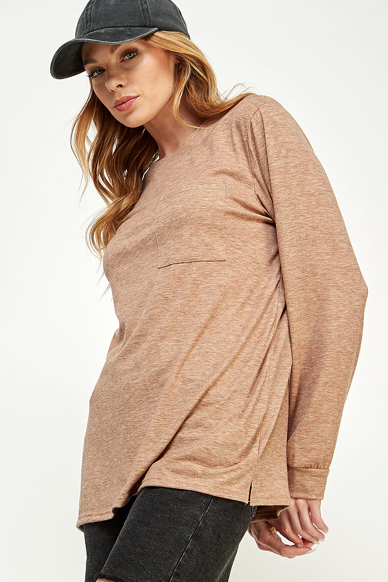 ST0189 Long Sleeve Round Neck with Pocket Side Tops | Burzip Inc #ST0189