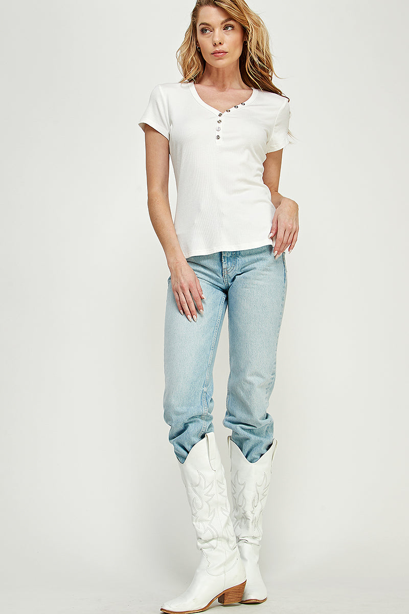 ST0202-BUTTONS SLIM-FIT V NECK SHORT SLEEVE KNIT TOP-