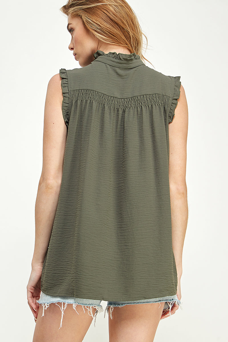 ST0203 Woven Sleeve Lesss Half Placket W/ Button | Burzip Inc #ST0203
