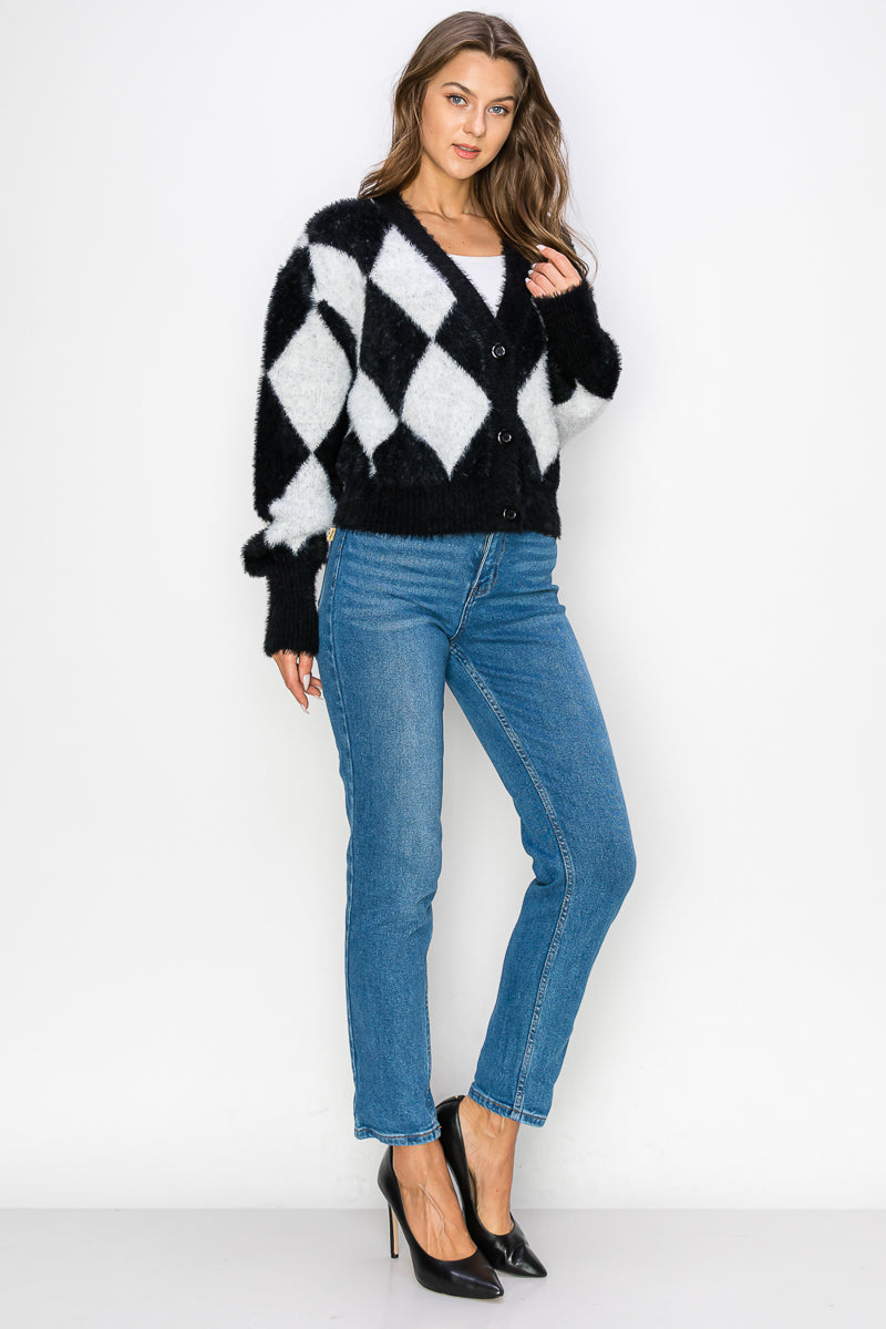 WC0026-BUTTON CARDIGAN SWEATER - BLACK-IVORY / L - Burzip Wholesale