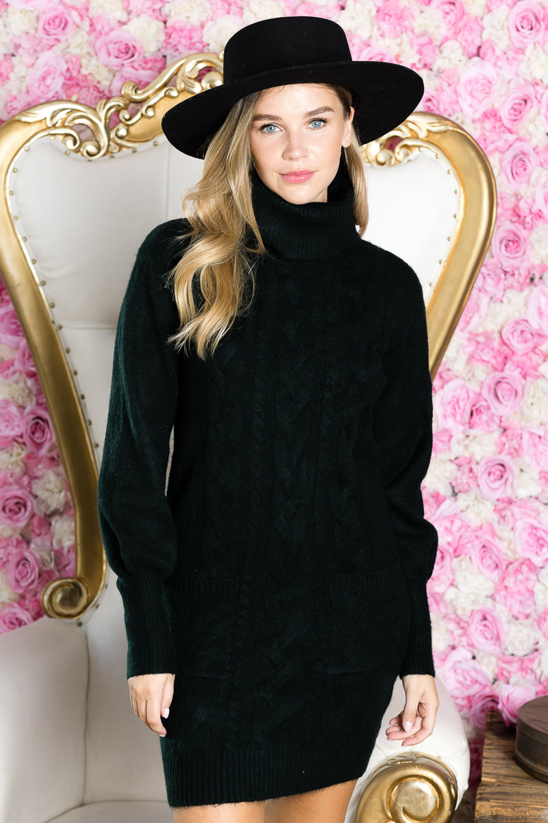 WD0024-TURTLENECK CABLE PATTERN SWEATER DRESS/
