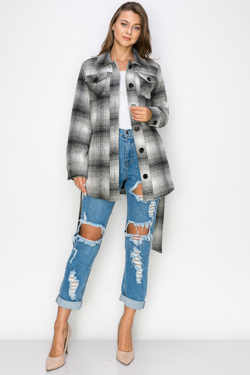 WK0019-PLAID JACKET WITH BELT/