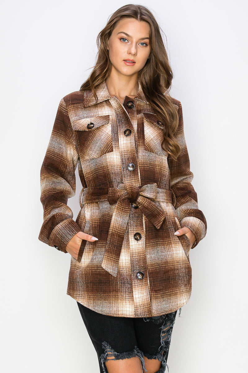 WK0019-PLAID JACKET WITH BELT/