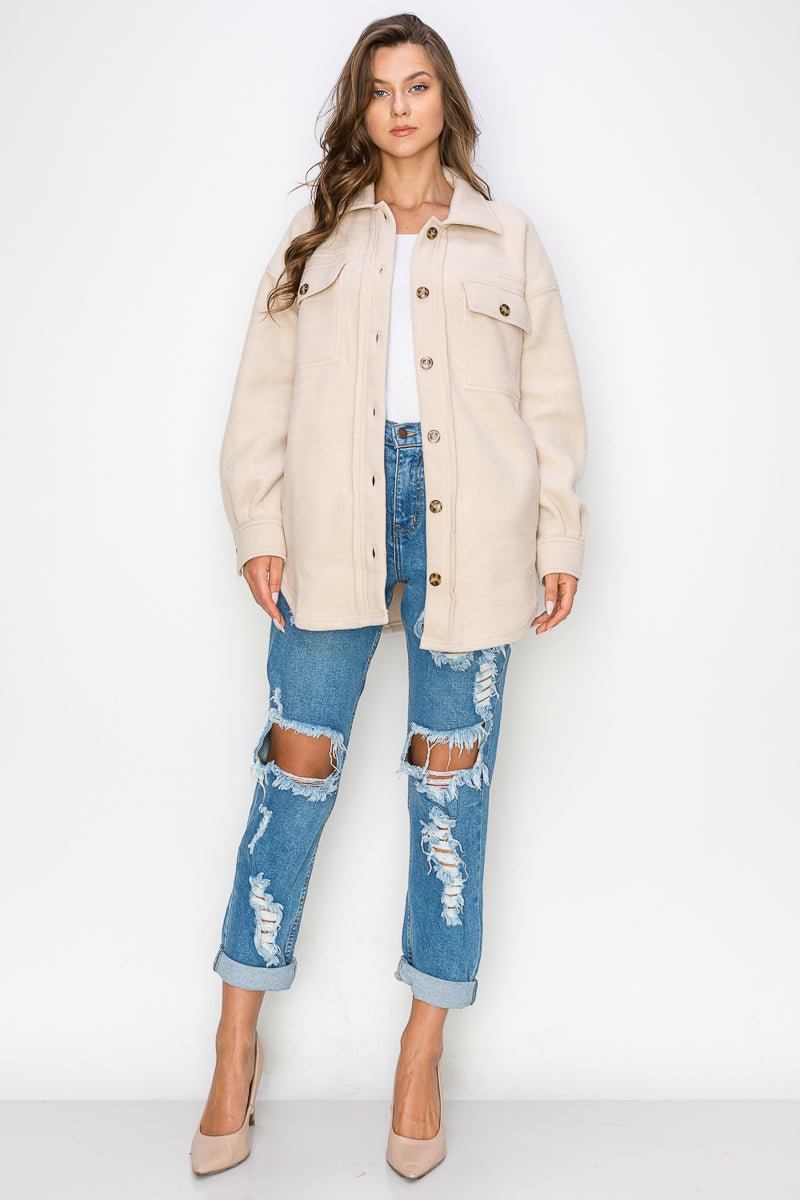 WK0022-FLEECE BUTTON DOWN OVERSIZED JACKET/