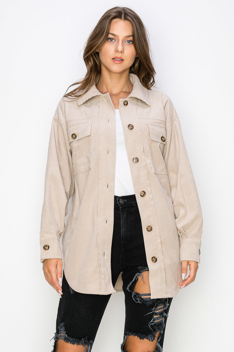 WK0023-CORDUROY BUTTON-FRONT SHACKET/