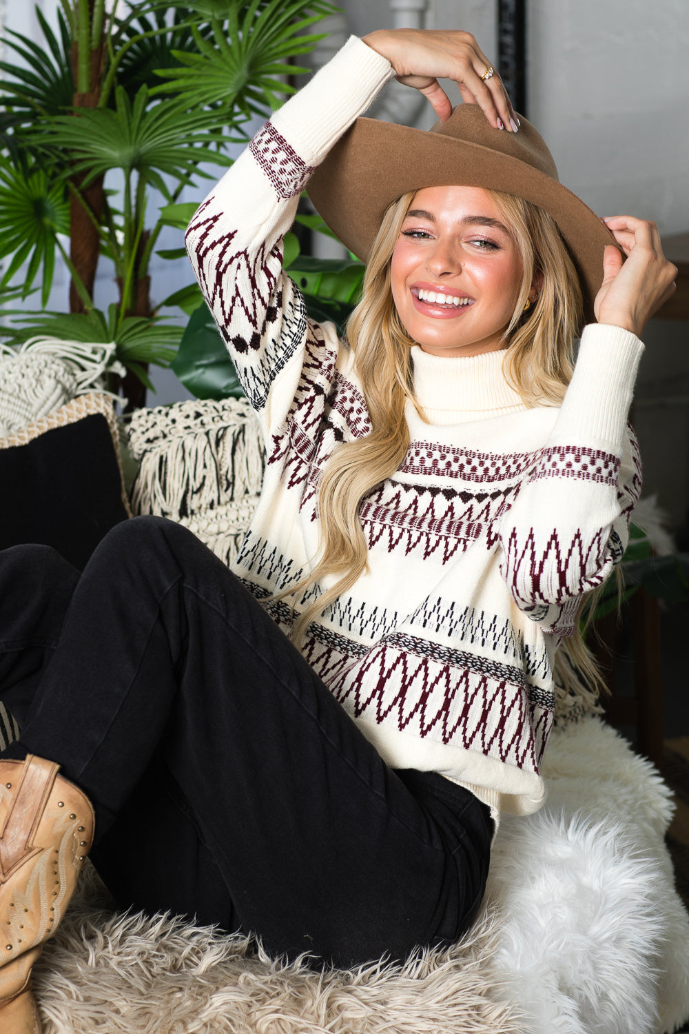 WT0004-1PC-BOHO ETHNIC PATTERN TURTLE NECK PULLOVER-$28