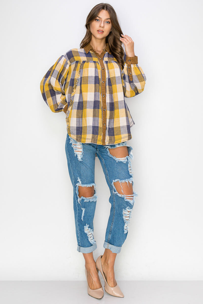 WT0035 PK3 Washed Balloon Sleeves Plaid Shirts | Burzip Inc #WT0035-PK3