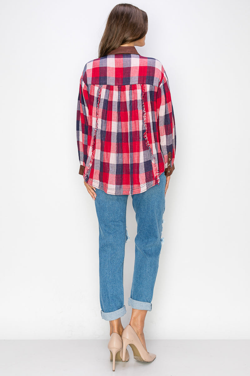 WT0035 PK3 Washed Balloon Sleeves Plaid Shirts | Burzip Inc #WT0035-PK3