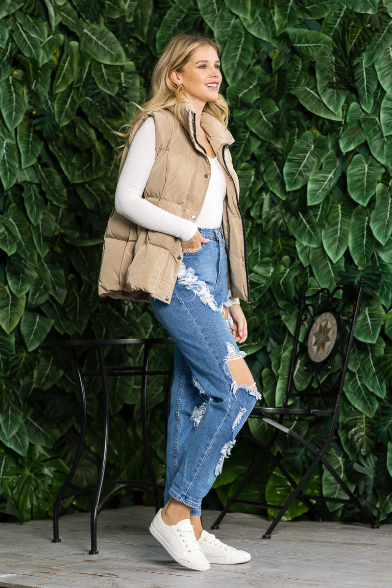 Burzip Inc Women's Beige Lightweight Quilted Puffer Vest with Stand Collar