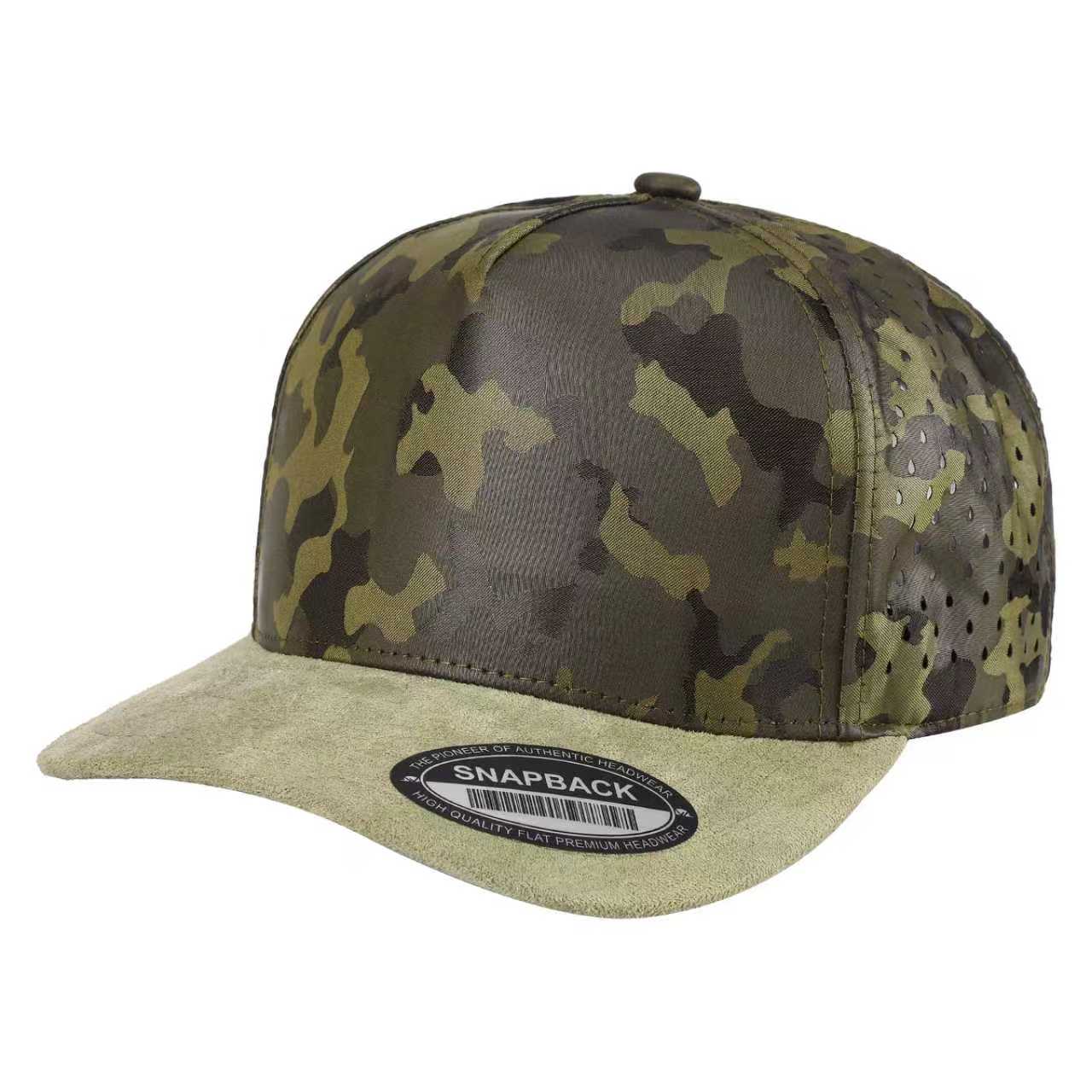 51L>5PANEL CAMO HEAD, SUEDE BILL, W/LASER VENTED TCCSL
