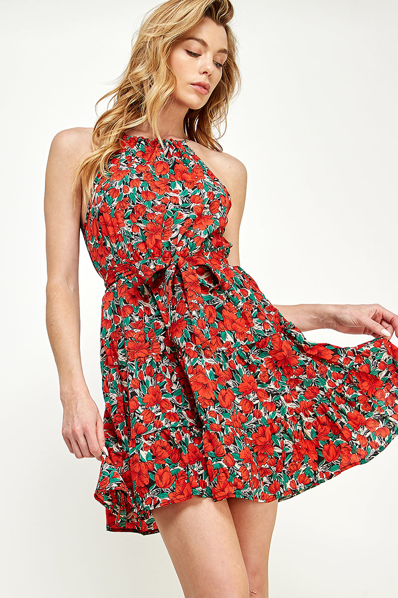 SD0165-1pc-WOVEN FLORAL TIE WAIST HALTER MINI DRESS-$15 (Display Sample)