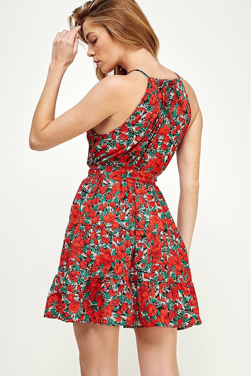 SD0165-1pc-WOVEN FLORAL TIE WAIST HALTER MINI DRESS-$15 (Display Sample)