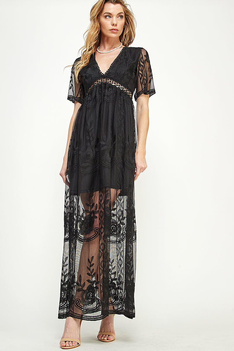 SD0204 Lace Short Sleeve V Neck Maxi Dress | Burzip Inc #SD0204