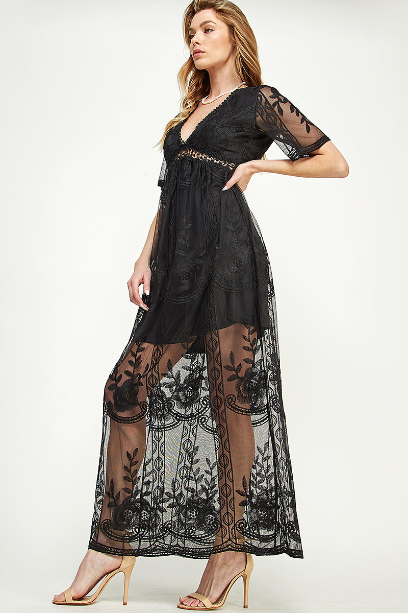 SD0204 Lace Short Sleeve V Neck Maxi Dress | Burzip Inc #SD0204
