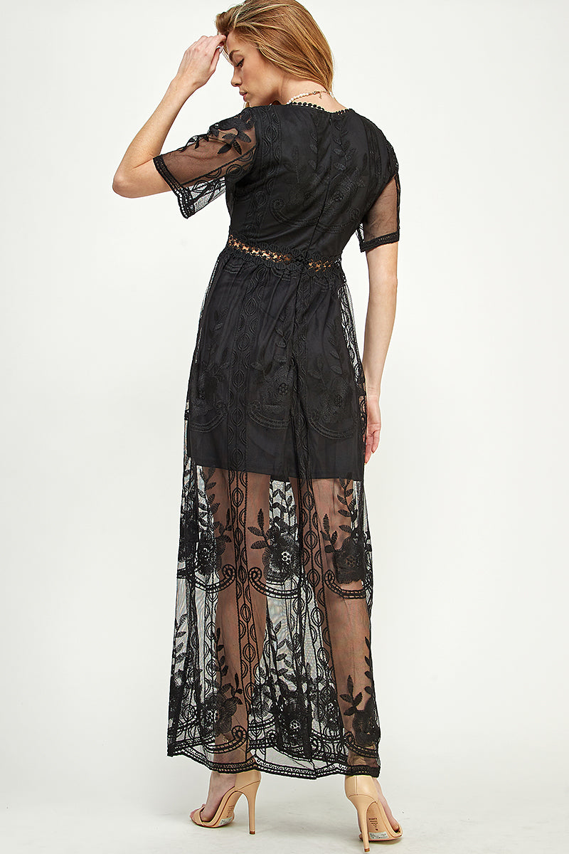 SD0204 Lace Short Sleeve V Neck Maxi Dress | Burzip Inc #SD0204