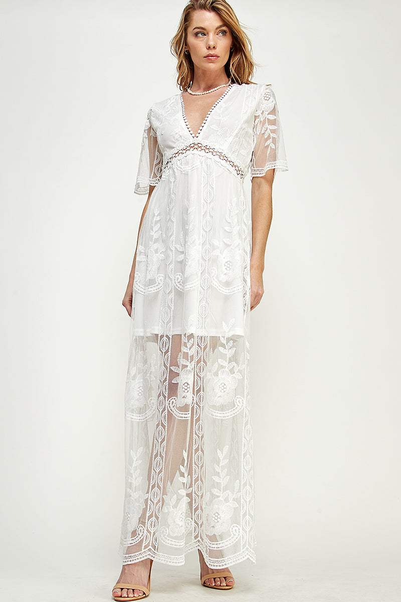 SD0204 Lace Short Sleeve V Neck Maxi Dress | Burzip Inc #SD0204