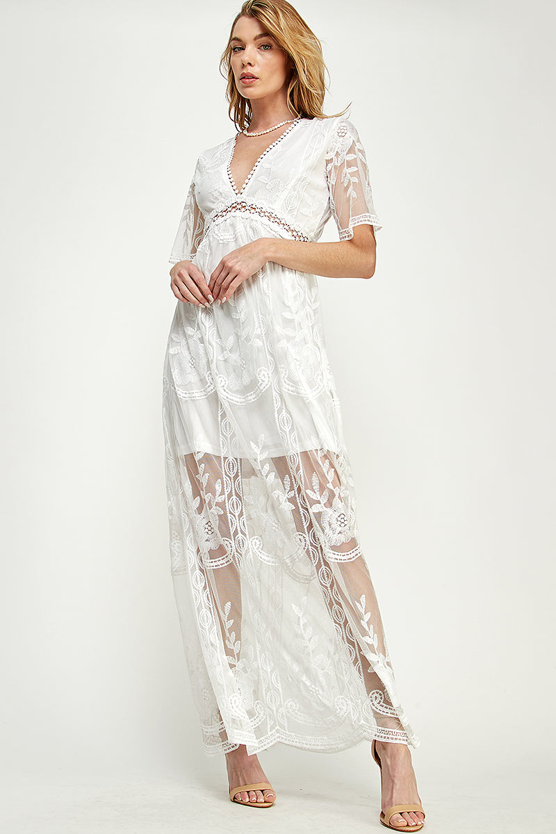 SD0204 Lace Short Sleeve V Neck Maxi Dress | Burzip Inc #SD0204