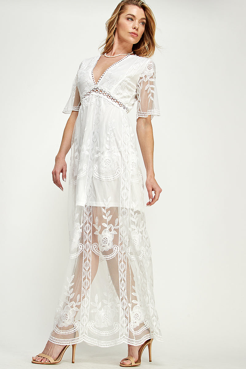 SD0204 Lace Short Sleeve V Neck Maxi Dress | Burzip Inc #SD0204