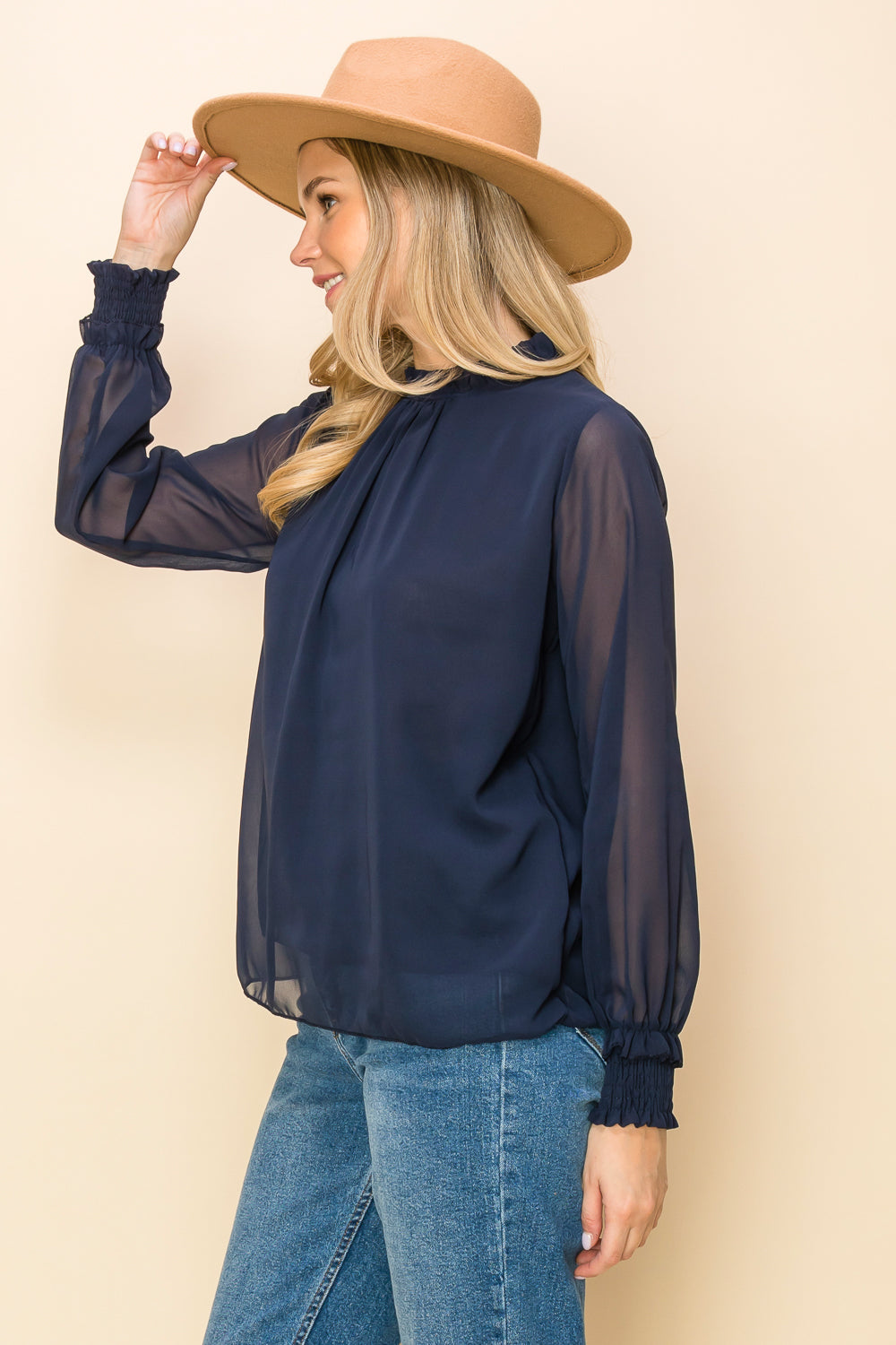 ST0138 PK3 Frilled Neck Shirred Cuff Blouse | Burzip Inc #ST0138-PK3