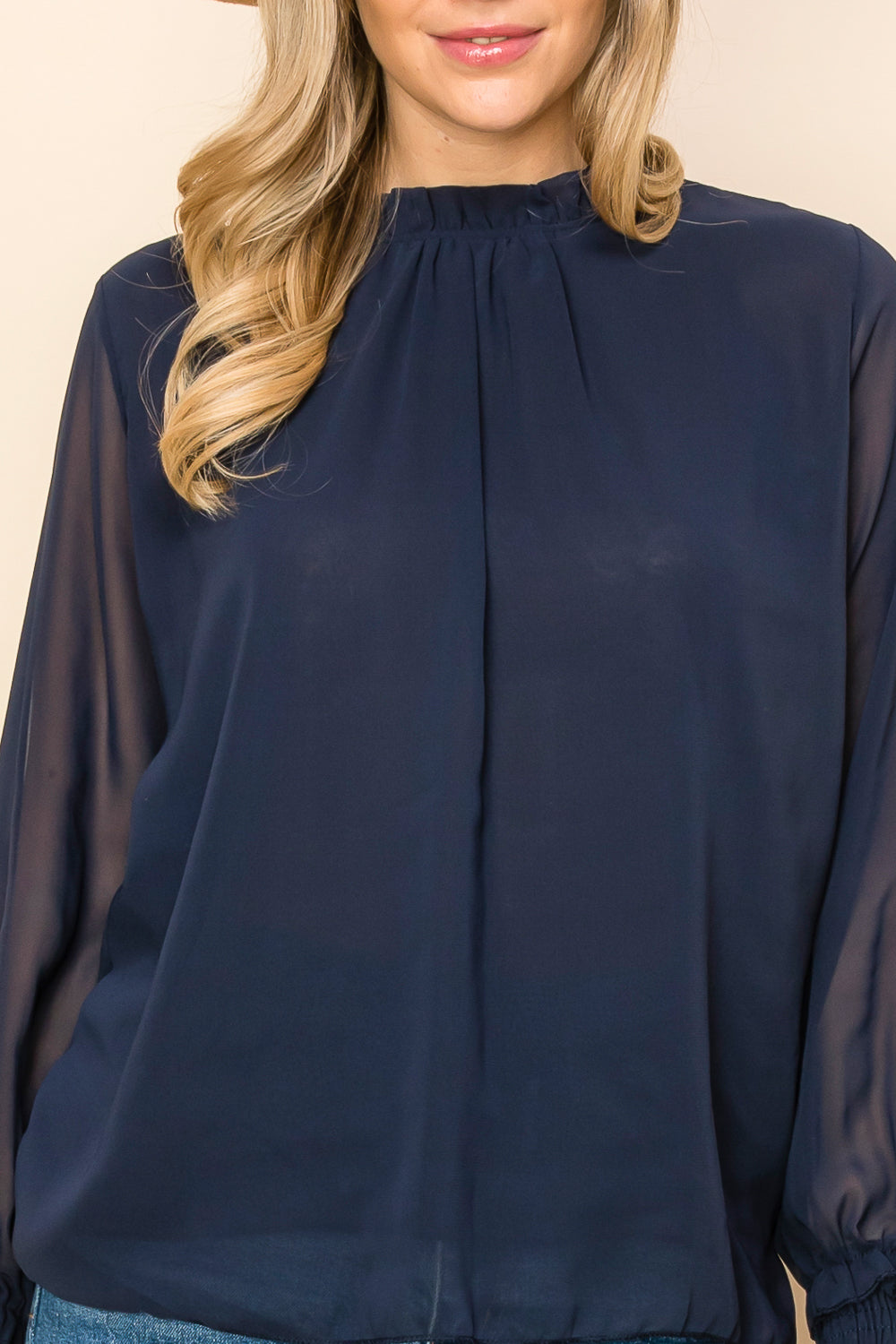ST0138 PK3 Frilled Neck Shirred Cuff Blouse | Burzip Inc #ST0138-PK3