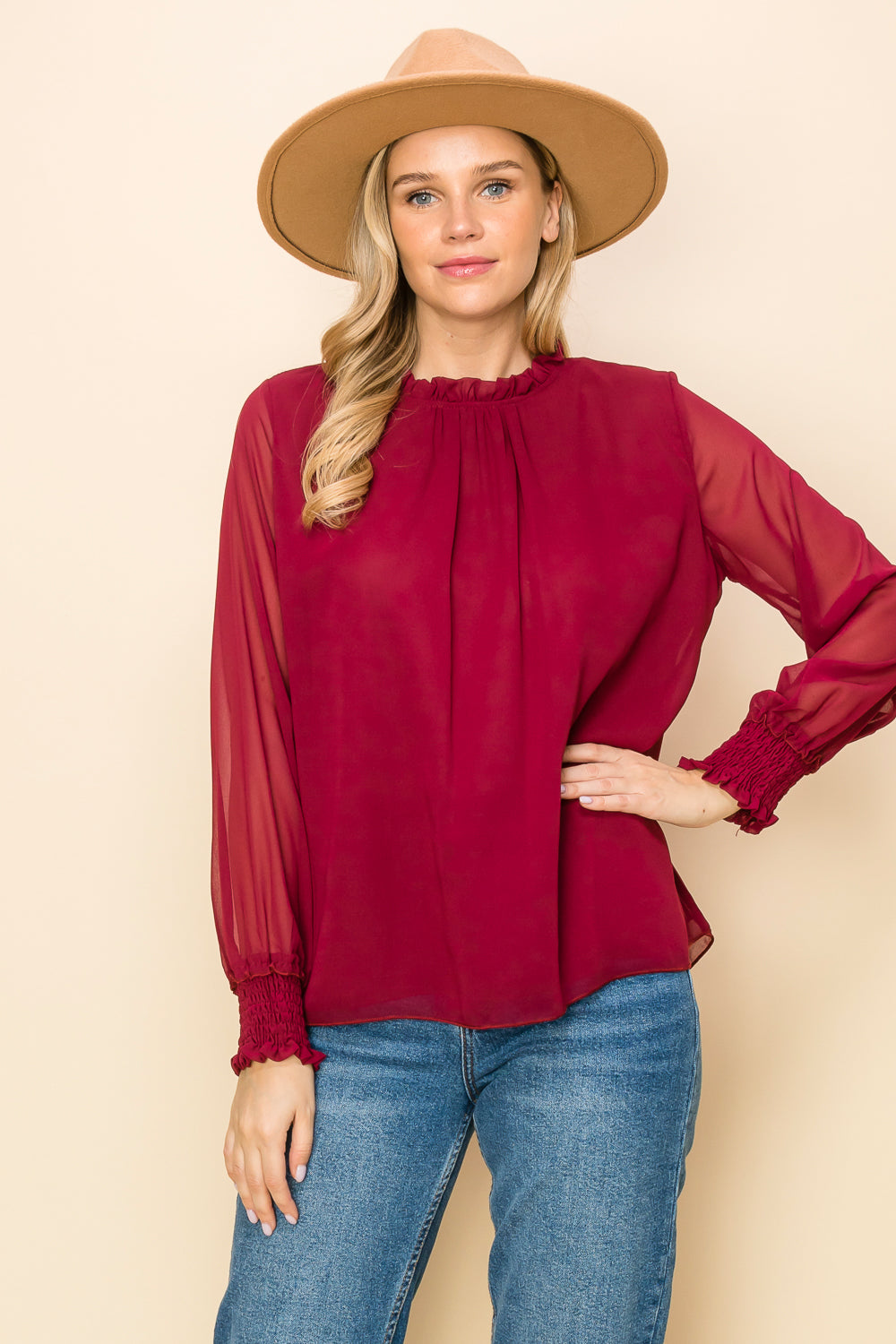 ST0138 PK3 Frilled Neck Shirred Cuff Blouse | Burzip Inc #ST0138-PK3