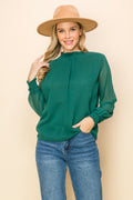 Burzip Inc ST0138 PK3 Frilled Neck Shirred Cuff Blouse Dk Green