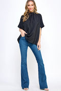 Burzip Inc ST0170 Boxy Style Mock Neck Woven Top Black