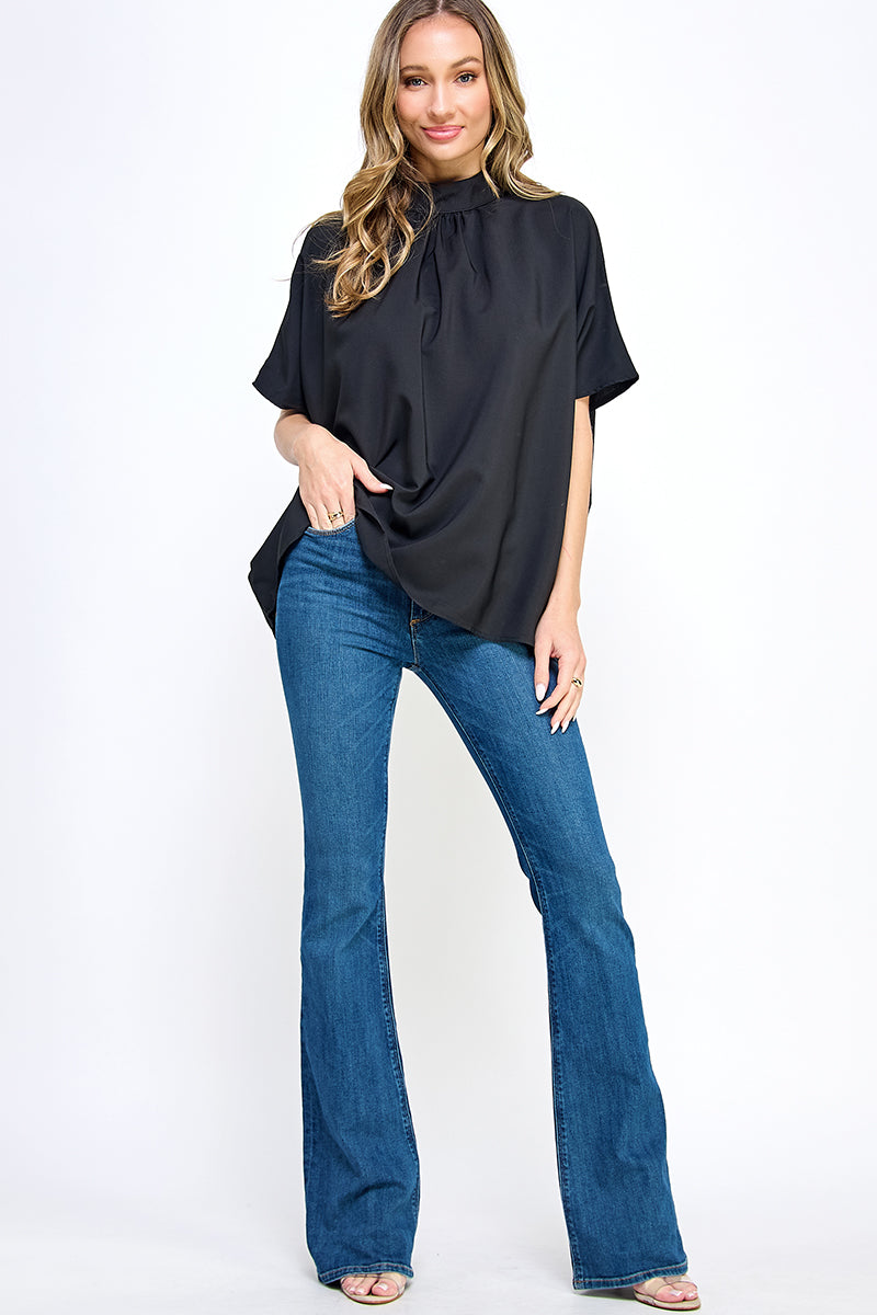 ST0170-BOXY STYLE MOCK NECK WOVEN TOP
