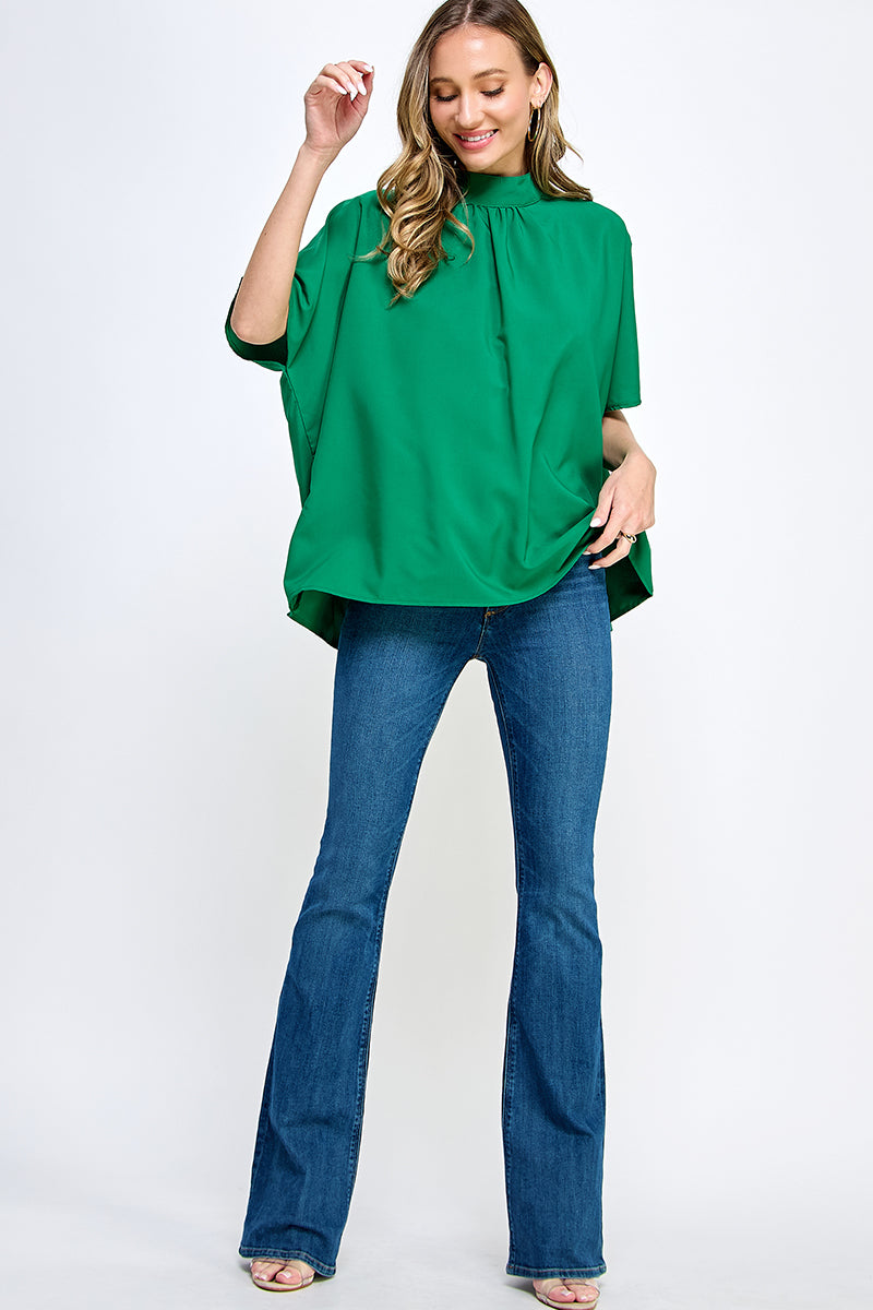 ST0170-BOXY STYLE MOCK NECK WOVEN TOP