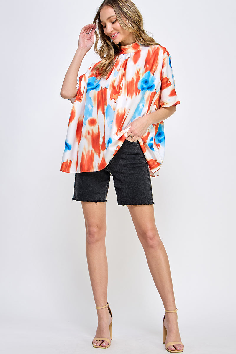 ST0170-BOXY STYLE MOCK NECK WOVEN TOP