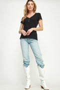 Burzip Inc ST0202 (smlxl) Buttons Slim Fit V Neck Knit Top Black - Small