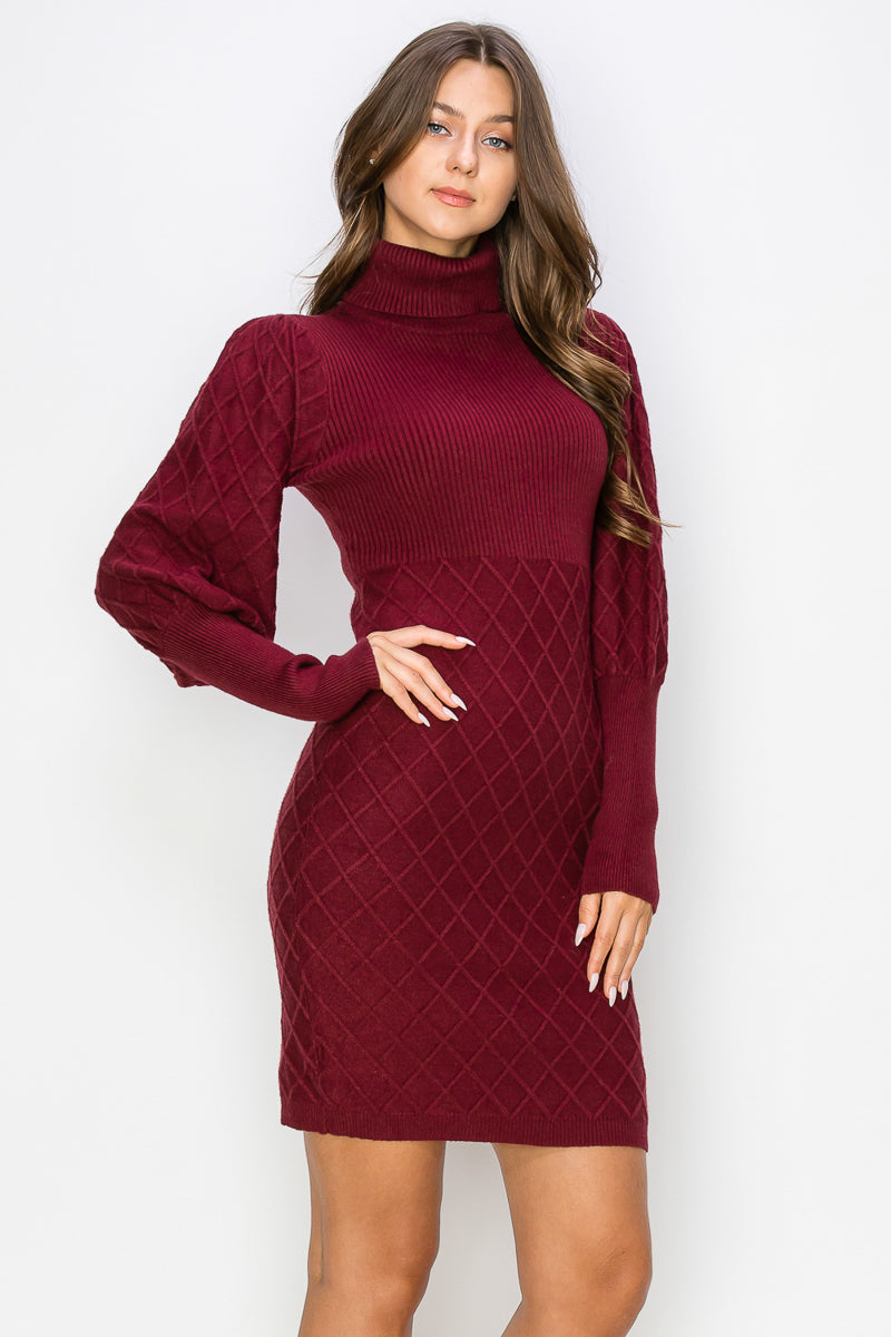 WD0020-1PC-DIAMOND-PATTERNED TURTLE NECK SWEATER DRESS-$20/PC (TEST SAMPLE)