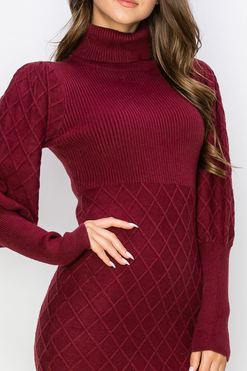 WD0020-1PC-DIAMOND-PATTERNED TURTLE NECK SWEATER DRESS-$20/PC (TEST SAMPLE)