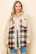 Burzip Inc WK0044 PK3 Plaid Long Sleeve Shacket Beige Plaid