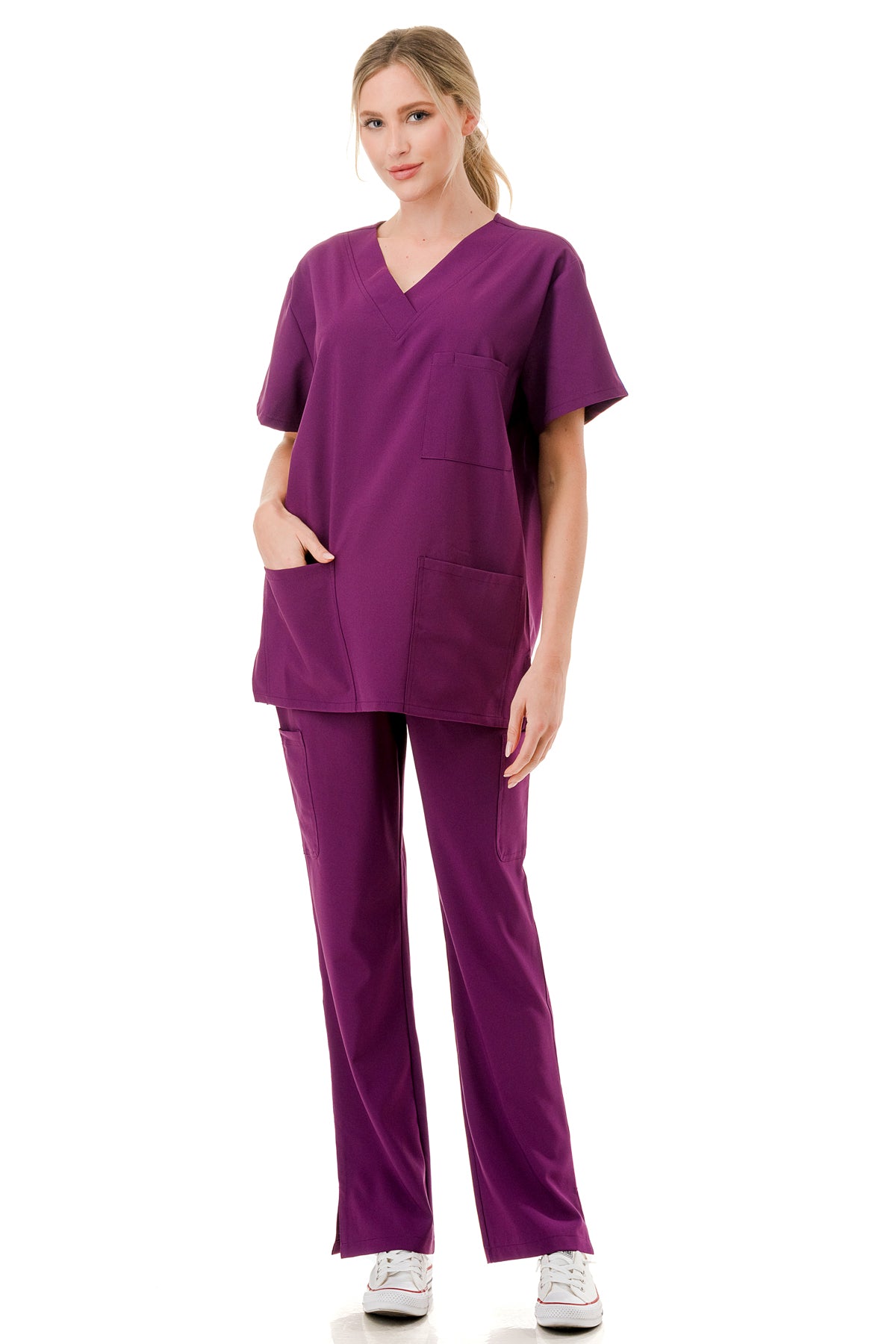 Women's 5-Pocket V-Neck Scrub Top & Bottom Set