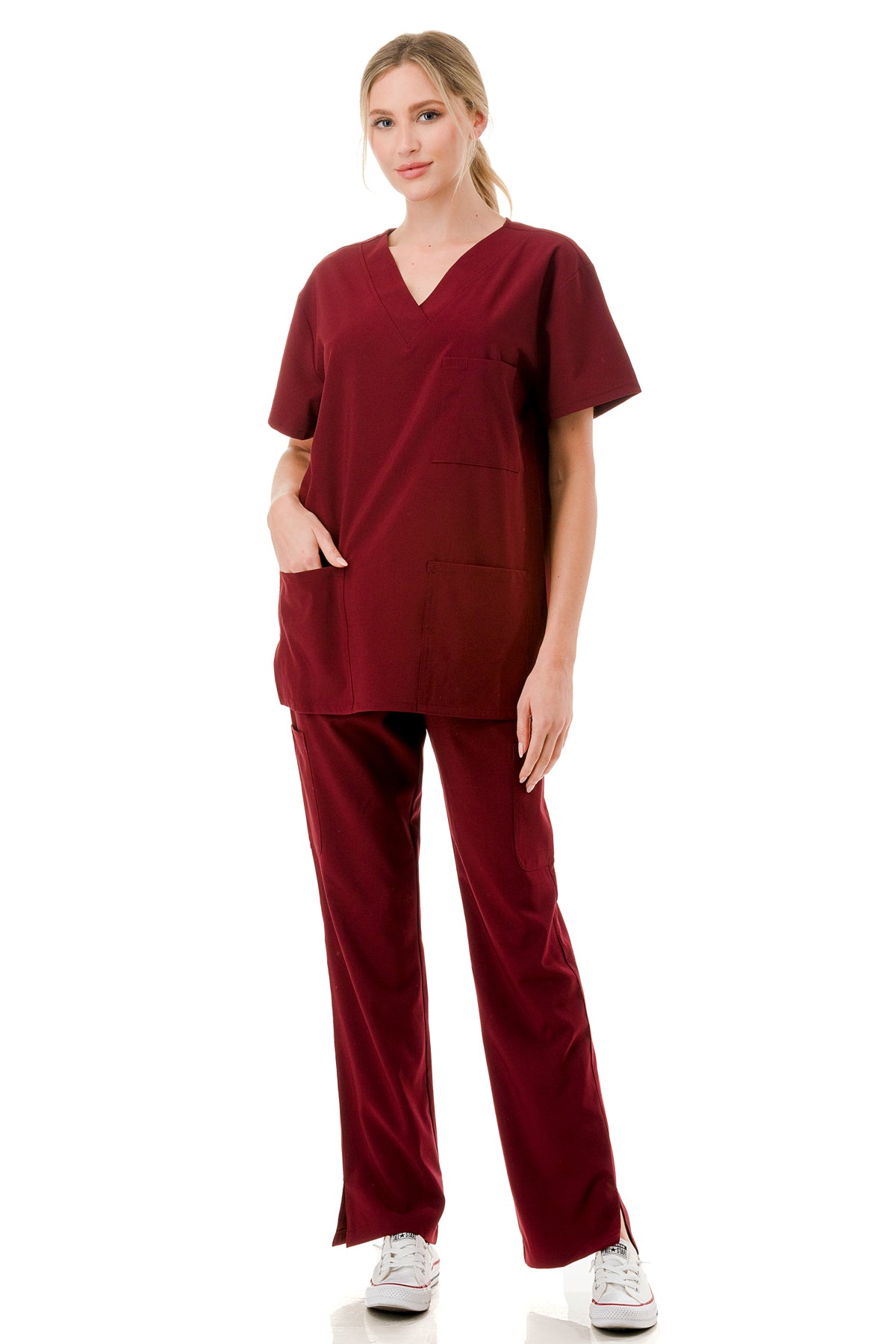 Women's 5-Pocket V-Neck Scrub Top & Bottom Set