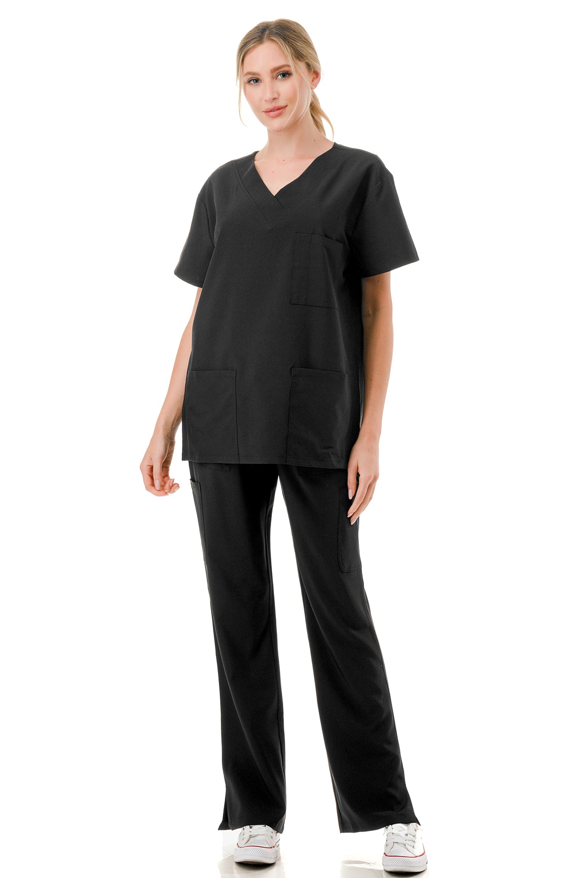 Women's 5-Pocket V-Neck Scrub Top & Bottom Set