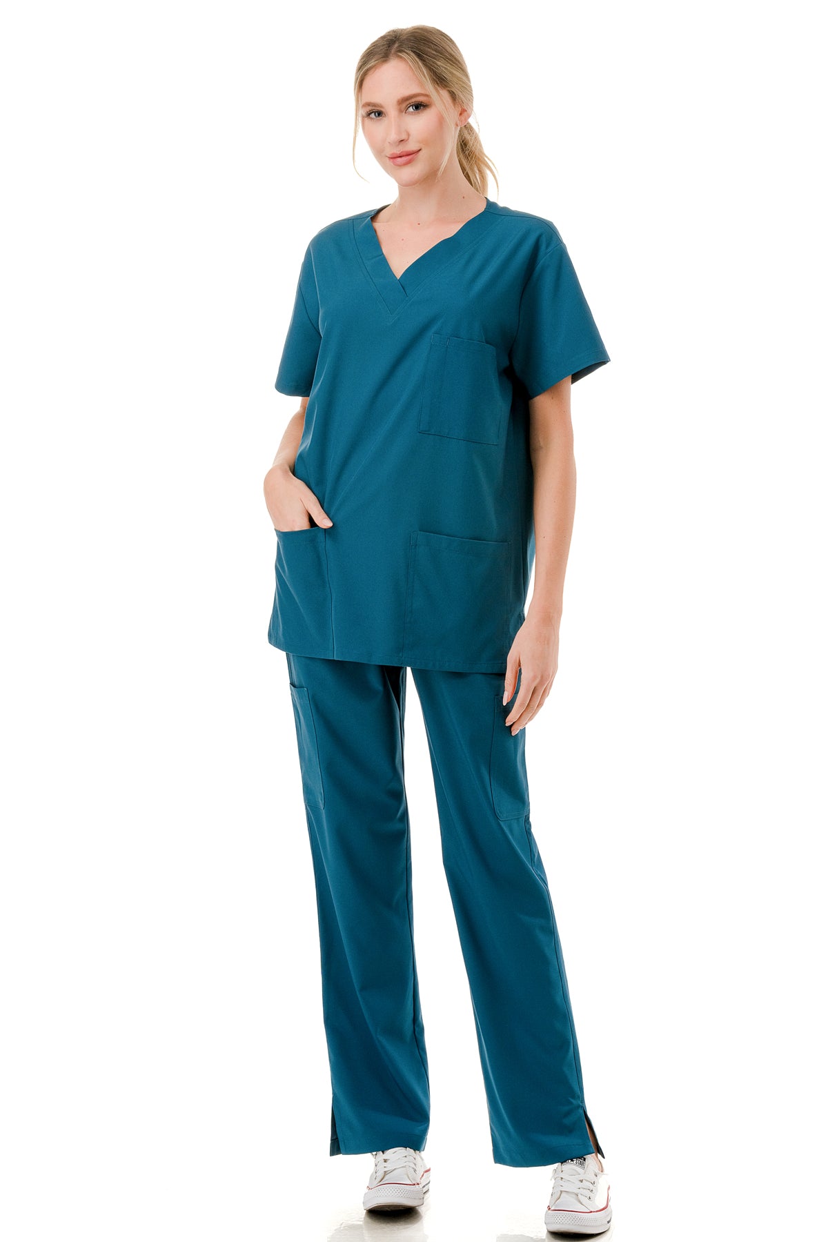 Women's 5-Pocket V-Neck Scrub Top & Bottom Set