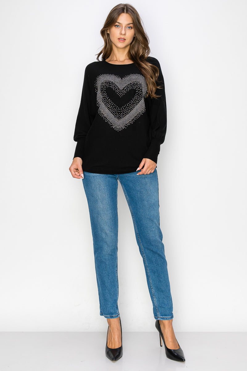 WT0033-SOFT VISCOSE THREAD EMBELLISHED HEART PULLOVER/