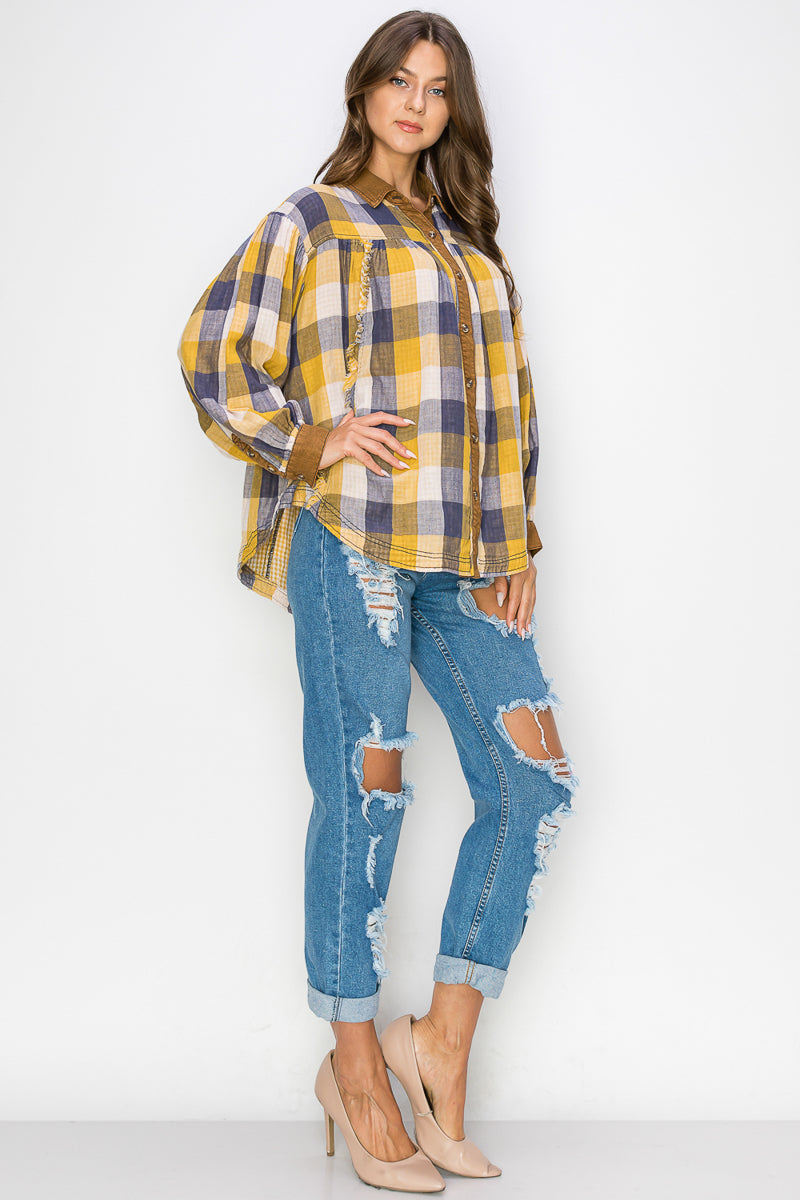 WT0035 PK3 Washed Balloon Sleeves Plaid Shirts | Burzip Inc #WT0035-PK3