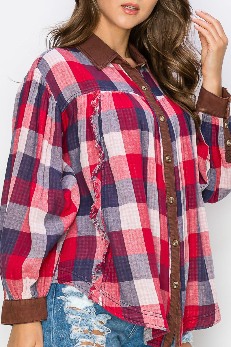 WT0035 PK3 Washed Balloon Sleeves Plaid Shirts | Burzip Inc #WT0035-PK3