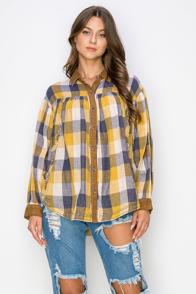 WT0035-WASHED BALLOON SLEEVES PLAID SHIRTS/