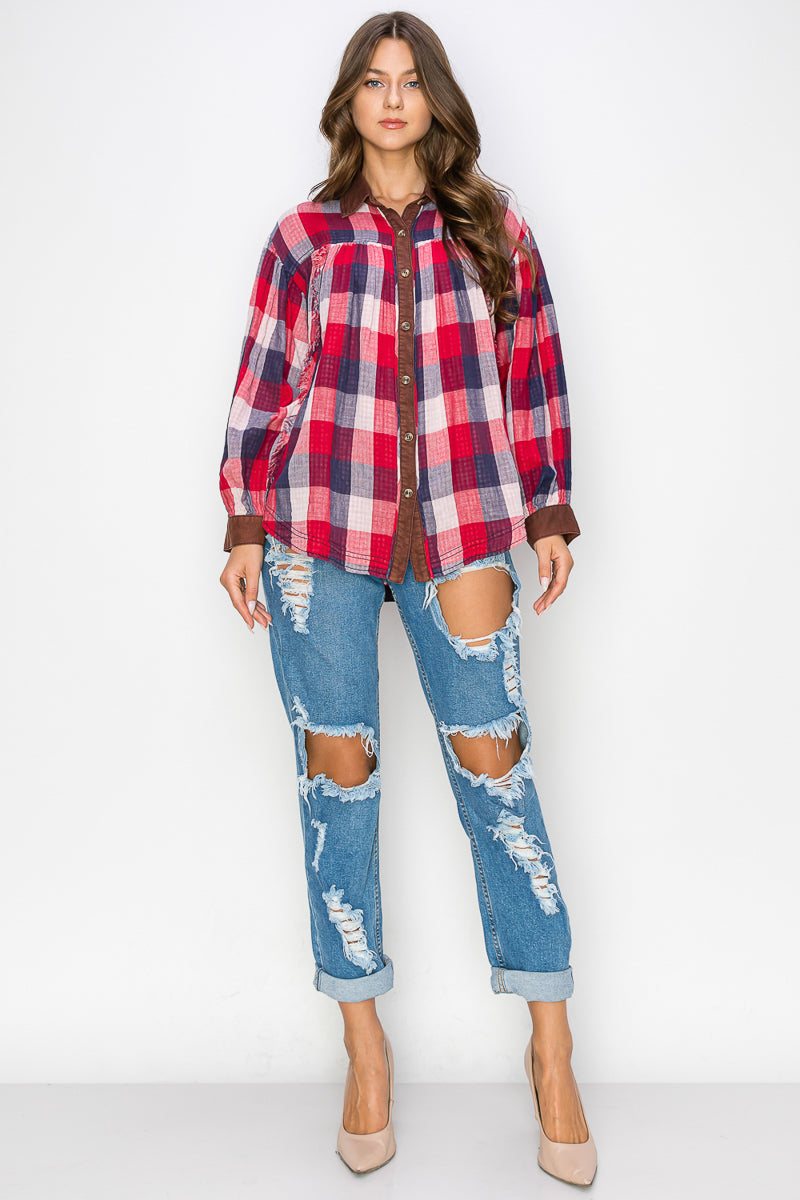 WT0035-WASHED BALLOON SLEEVES PLAID SHIRTS/