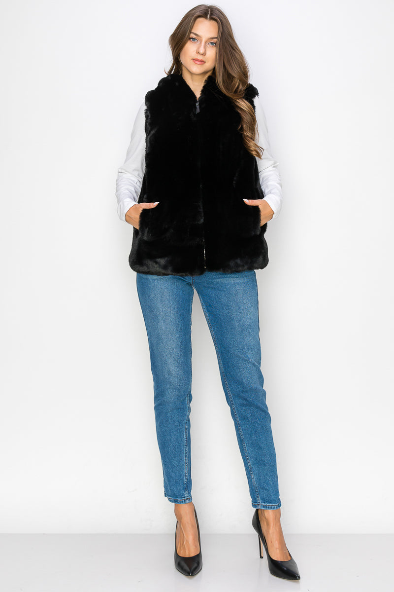 WV0038-1PC-RABBIT FUR VEST W/HOOD ZIP UP-$35 (TEST SAMPLE)