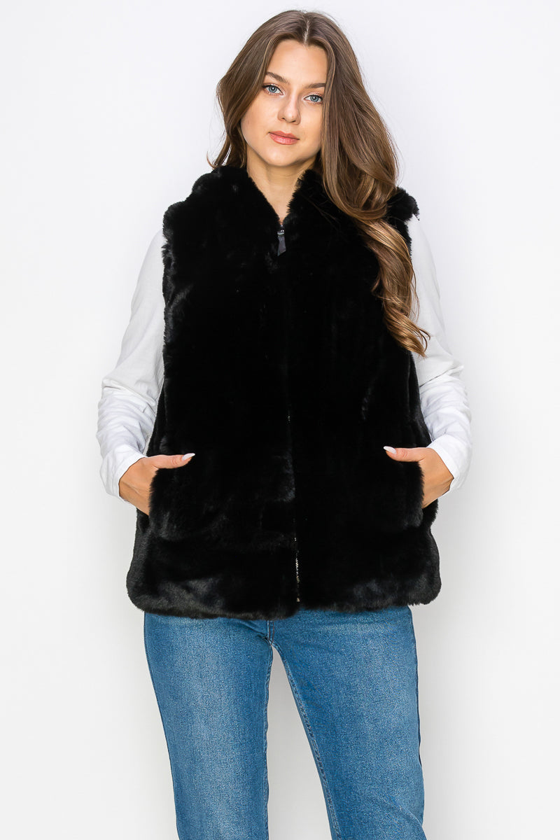 WV0038-1PC-RABBIT FUR VEST W/HOOD ZIP UP-$35 (TEST SAMPLE)